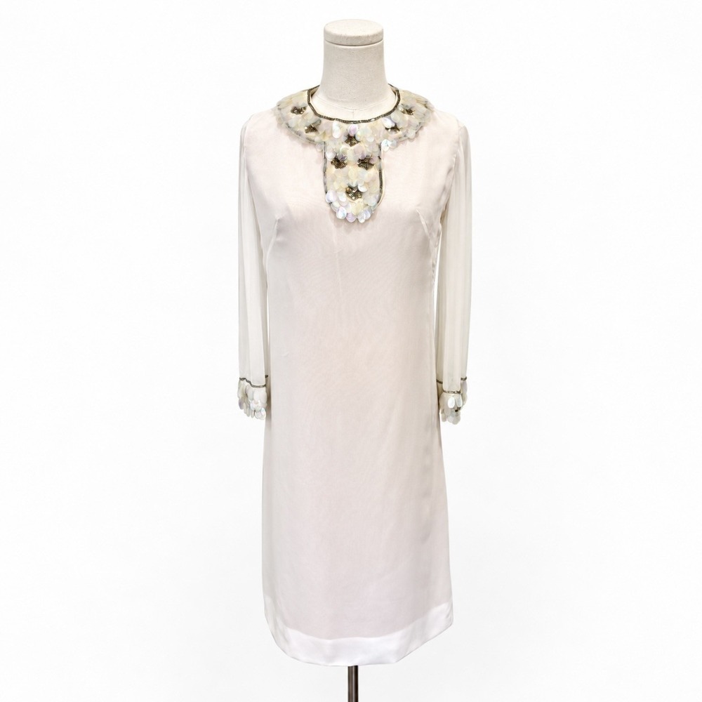 VTG 60s 70s Ivory Chiffon Shift Dress XS/S Mod Glam Iridescent Sequin Cocktail